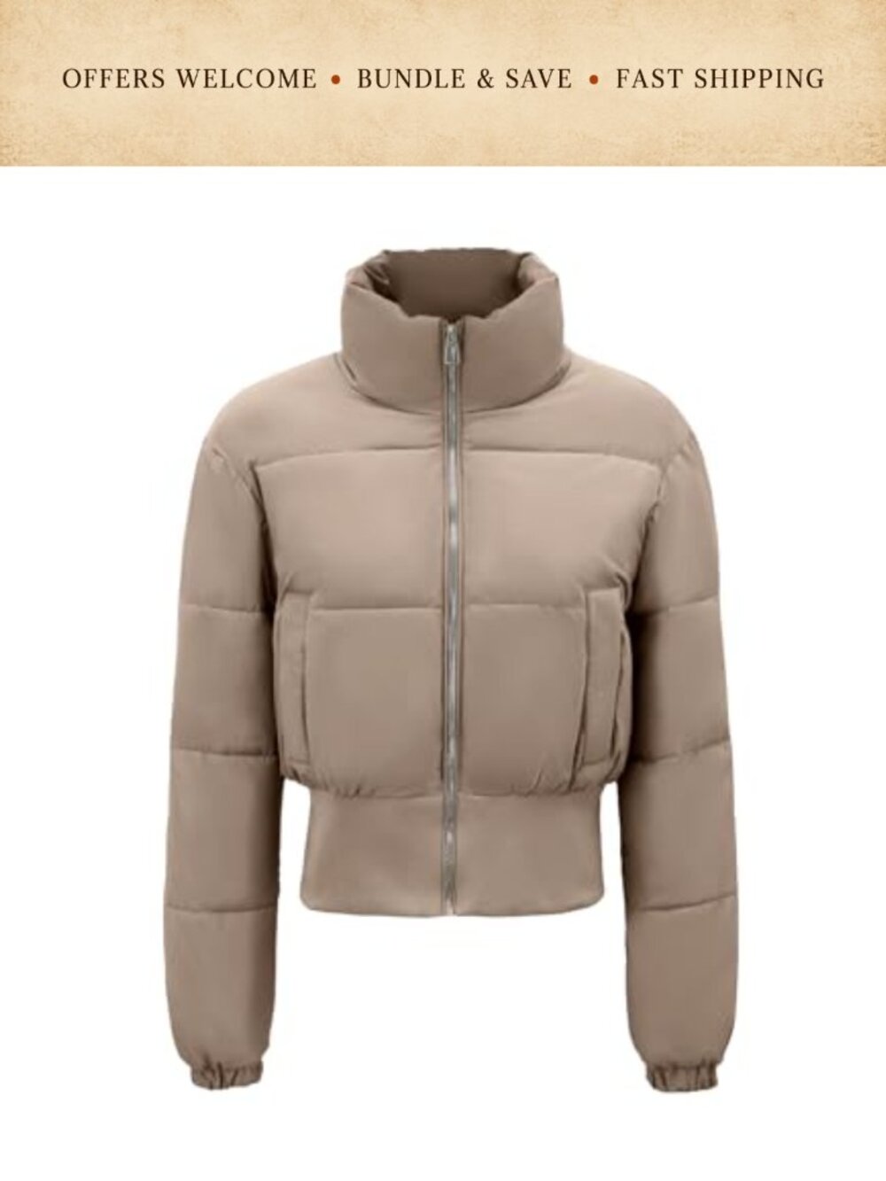 Womens Cropped Puffer Jacket Quilted Winter Coat Long Sleeve Oversized